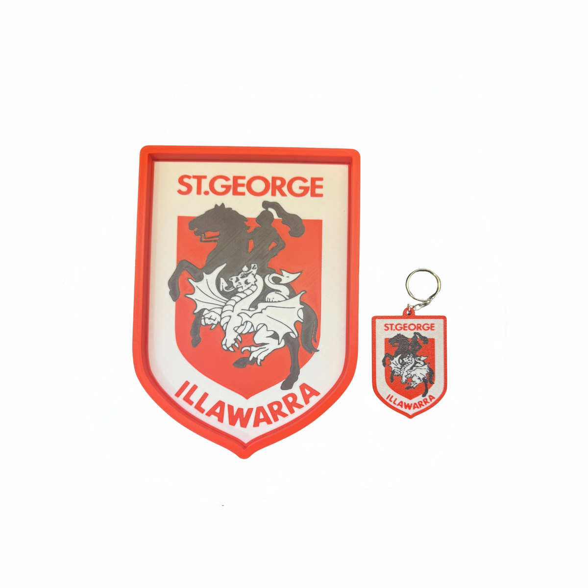 NRL St George Illawarra Dragons trinket tray and matching keyring on a white background