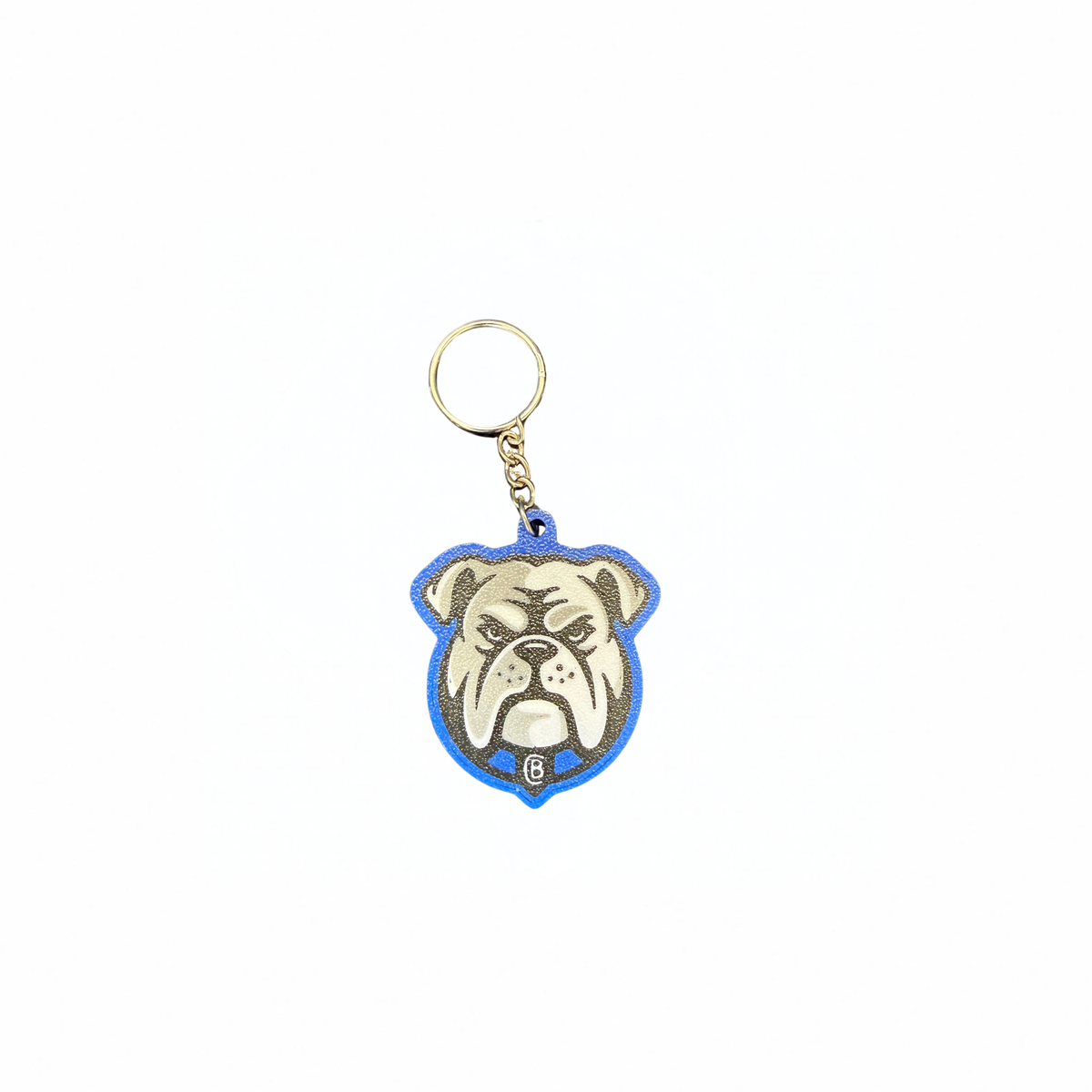 Blue-edged bulldog keyring with metal ring on a white background