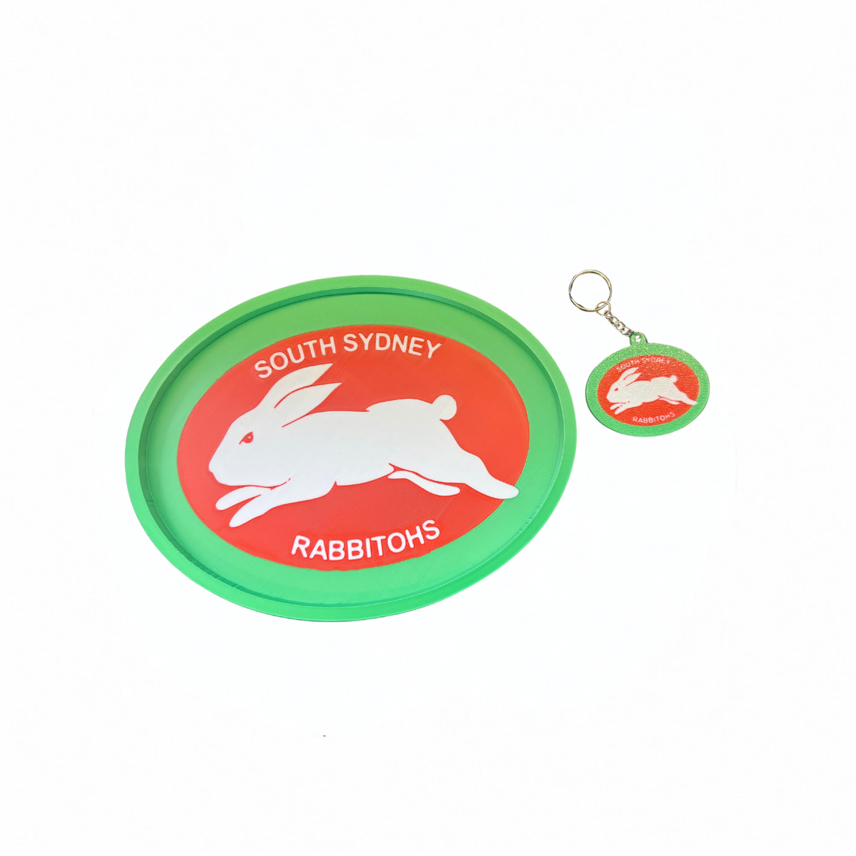 NRL South Sydney Rabbitohs trinket tray and keyring set with red and green rabbit design on a white background