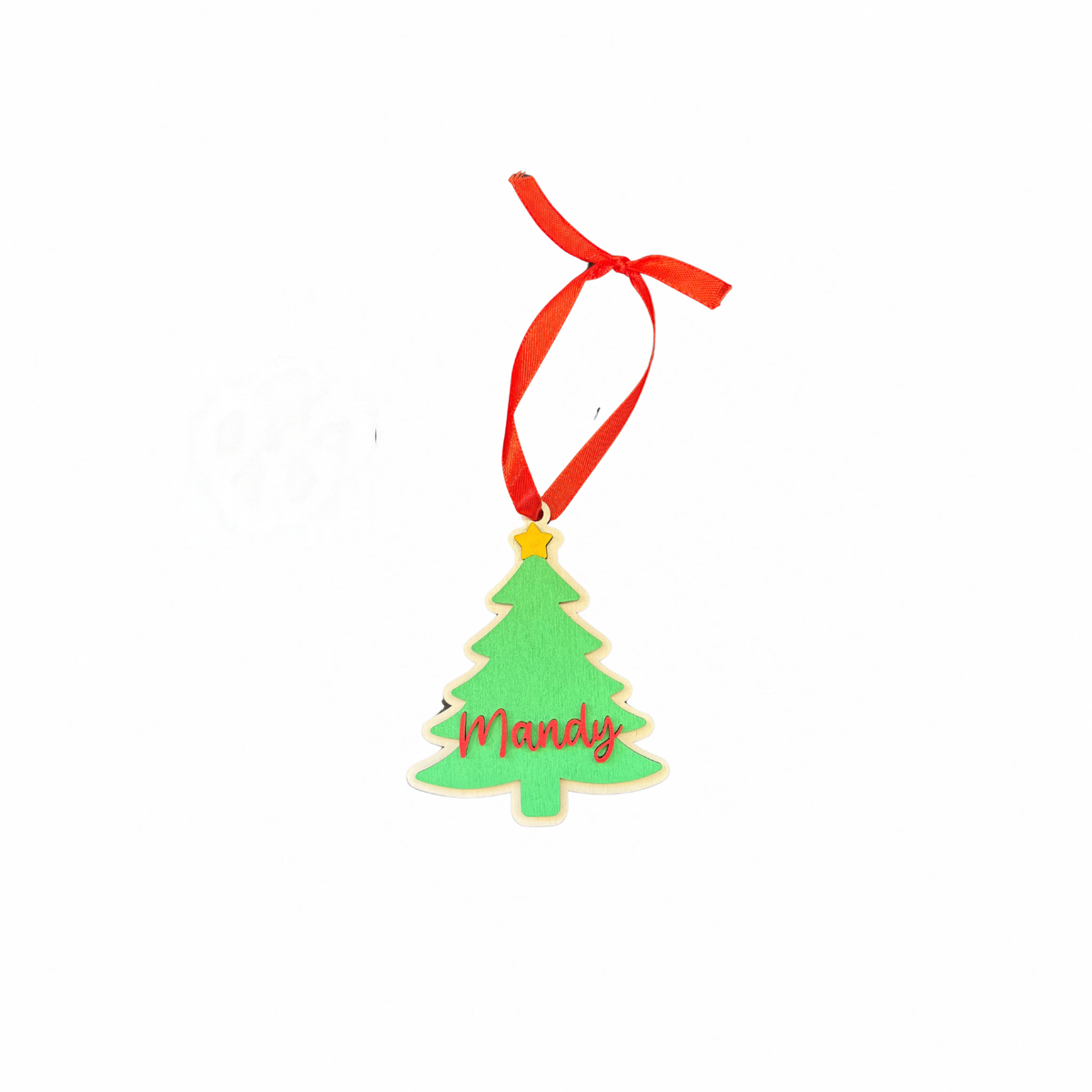 Personalised wooden green Christmas tree ornament with the example name Mandy and red hanging ribbon