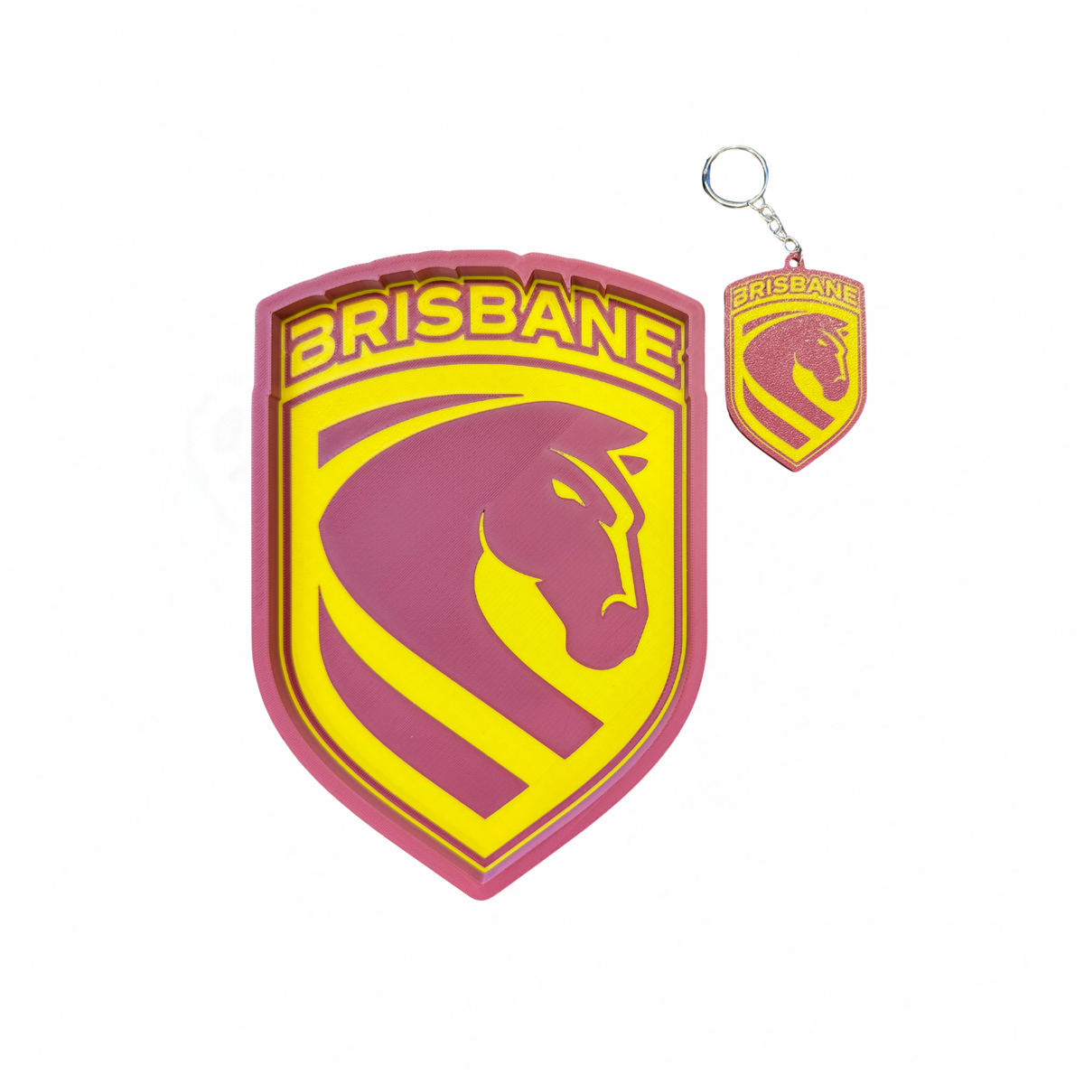 Brisbane Broncos maroon and yellow shield-shaped trinket tray and matching keyring on a white background