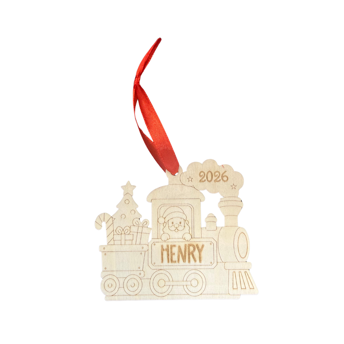 2026 personalised wooden Christmas train ornament with Henry engraved and red hanging ribbon