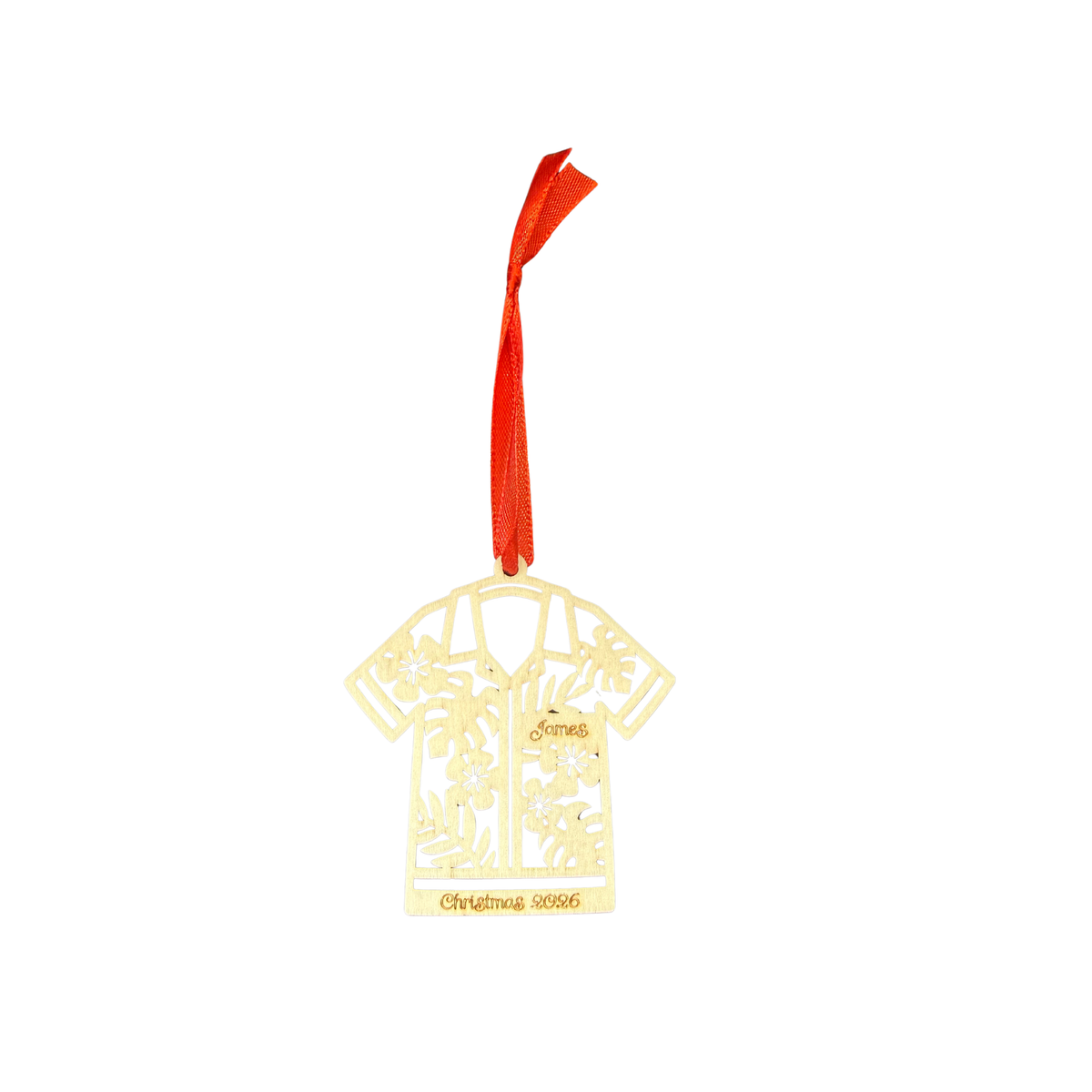 Personalised wooden Hawaiian shirt Christmas ornament with James engraved and red ribbon