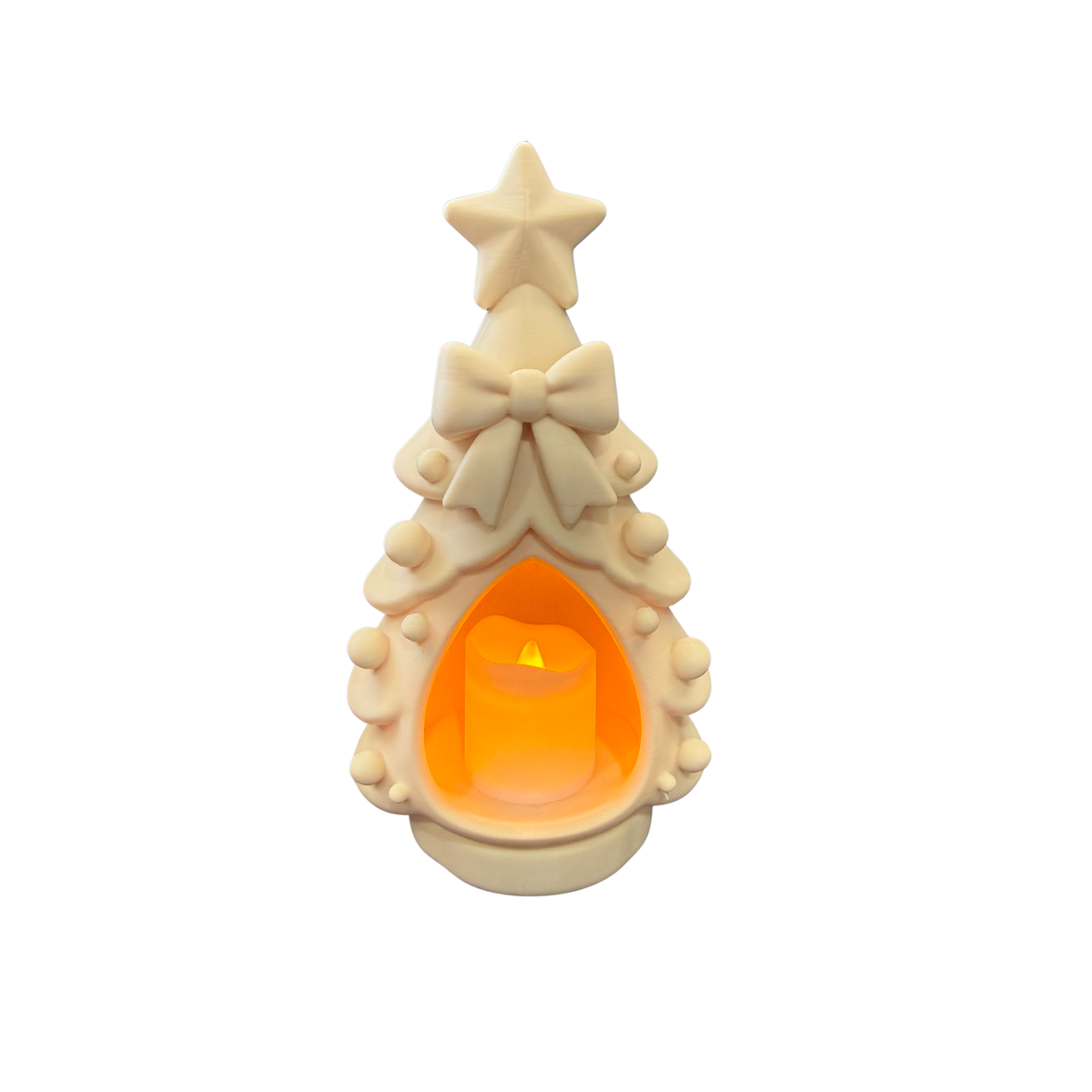Christmas tree LED tealight holder with a star topper and bow, illuminated by an LED tealight