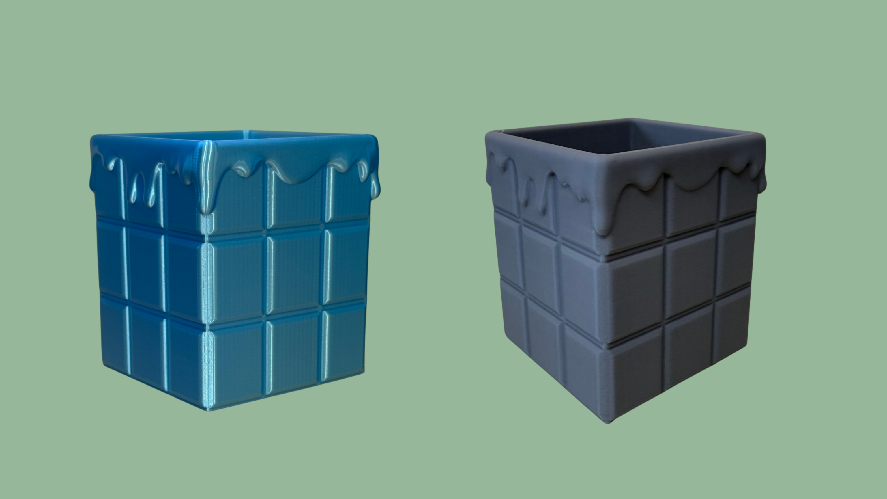 Chocolate Block Organiser in blue and dark grey with melting drip detail