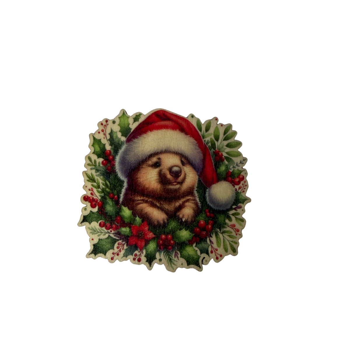 Wooden quokka Christmas magnet featuring a quokka in a Santa hat surrounded by festive greenery and red berries