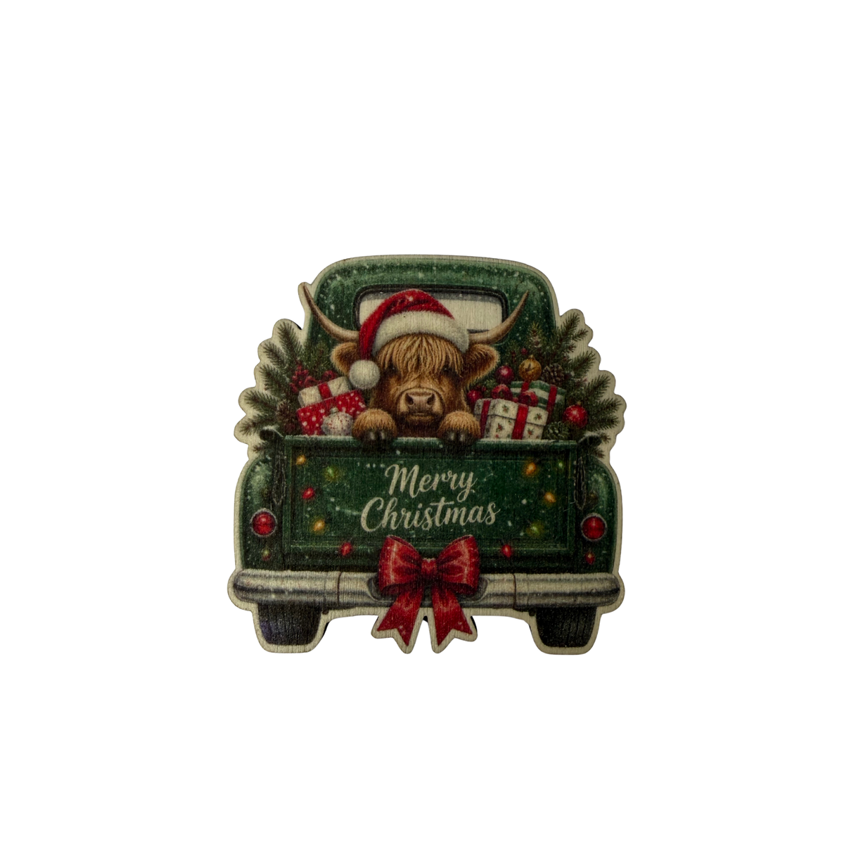 Wooden Christmas magnet featuring a Highland cow in a Santa hat in a green ute with presents, Merry Christmas lettering and a red bow.