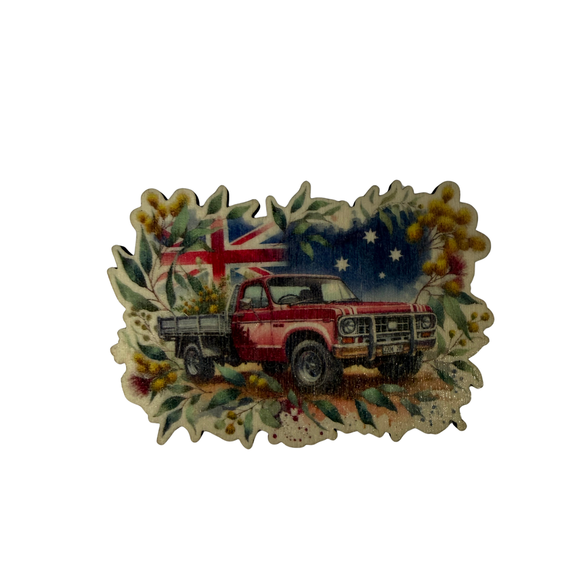Red ute magnet with an Australian flag background, surrounded by green leaves and yellow flowers on a white background.