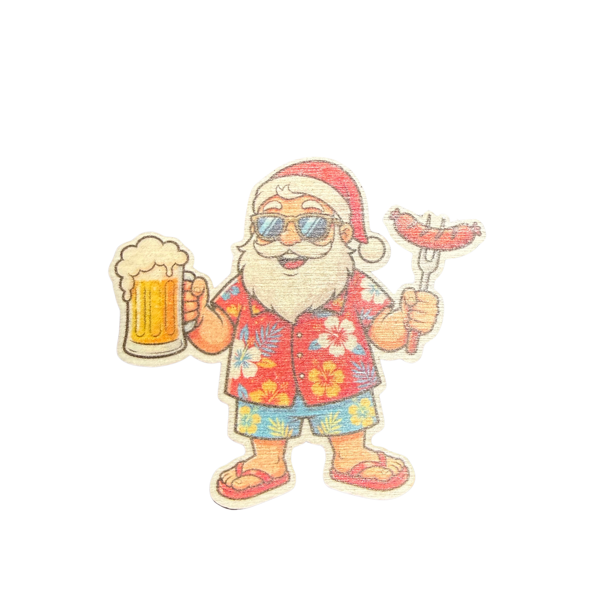 BBQ Santa wooden Christmas magnet featuring Santa in sunglasses, floral shirt, shorts and thongs holding a beer and a sausage on a barbecue fork