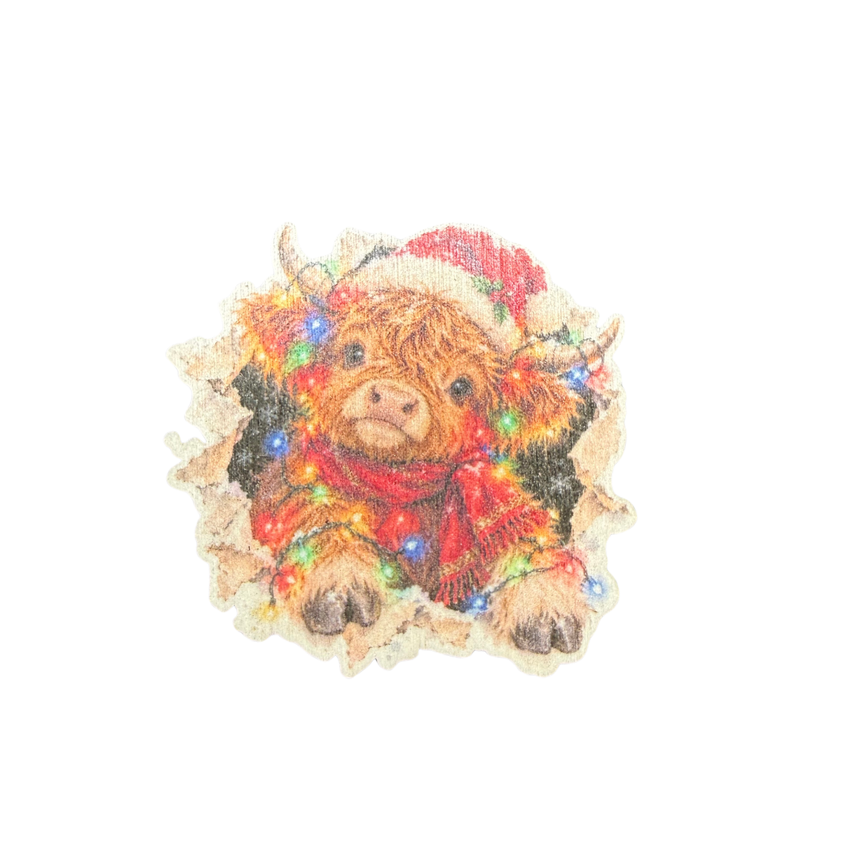 Highland Cow with Lights Wooden Christmas Magnet