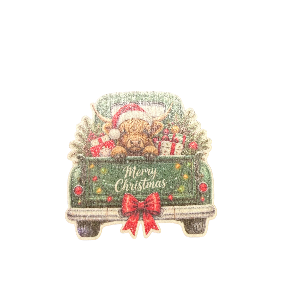 Highland Cow in a Ute Wooden Christmas Magnet