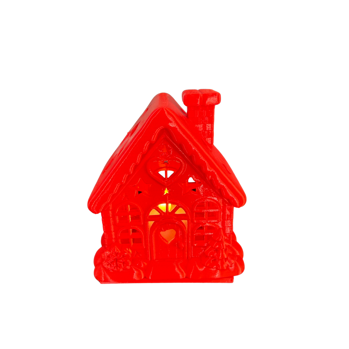 Red Christmas Cottage LED Tealight Holder illuminated from within