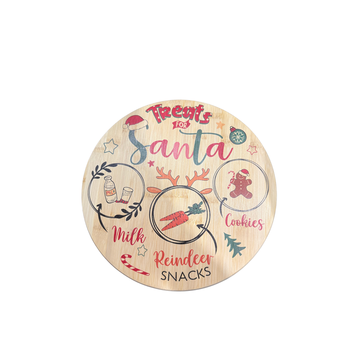 Treats for Santa bamboo board with labelled spots for milk, cookies and reindeer snacks