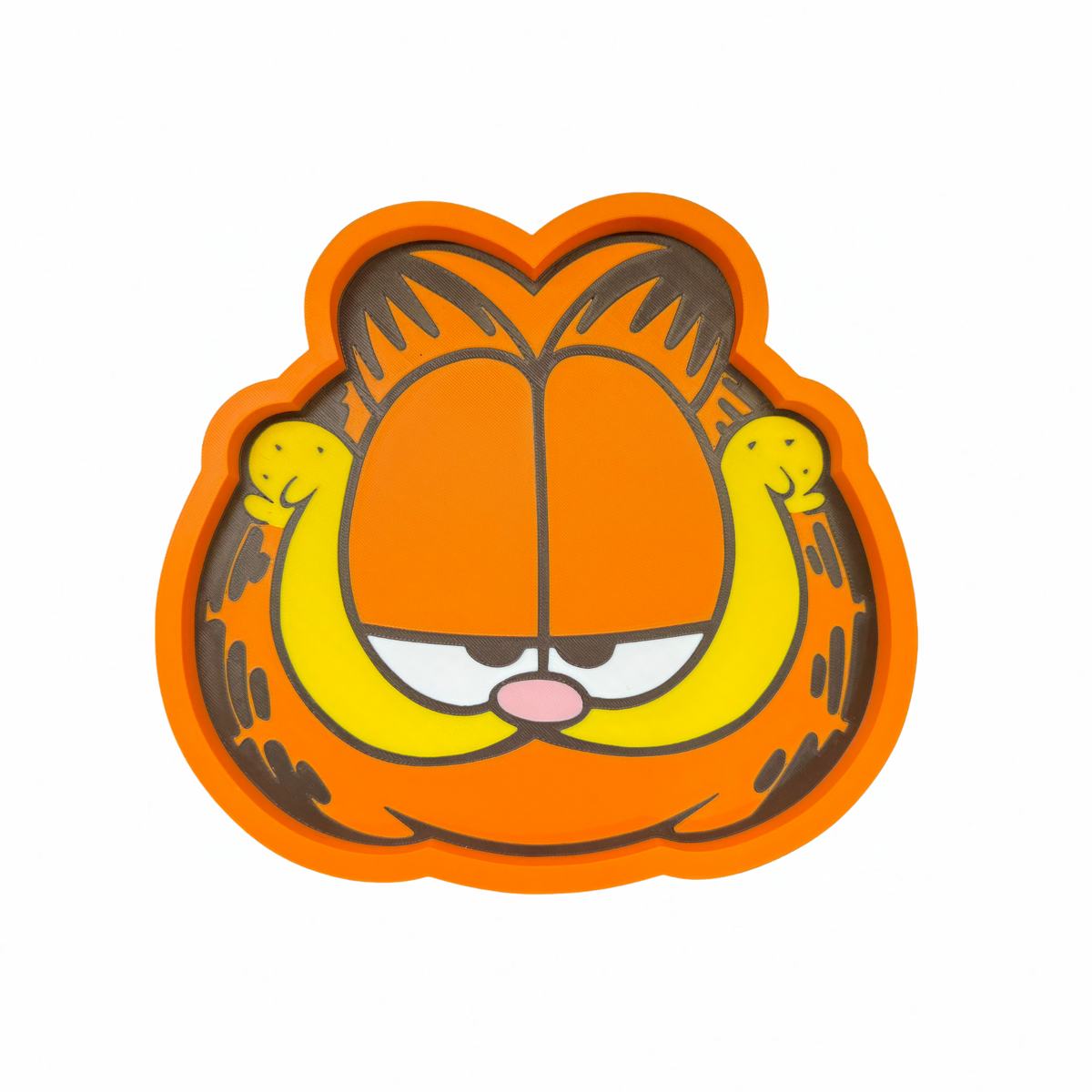 Bright orange Garfield face-shaped trinket tray on a white background