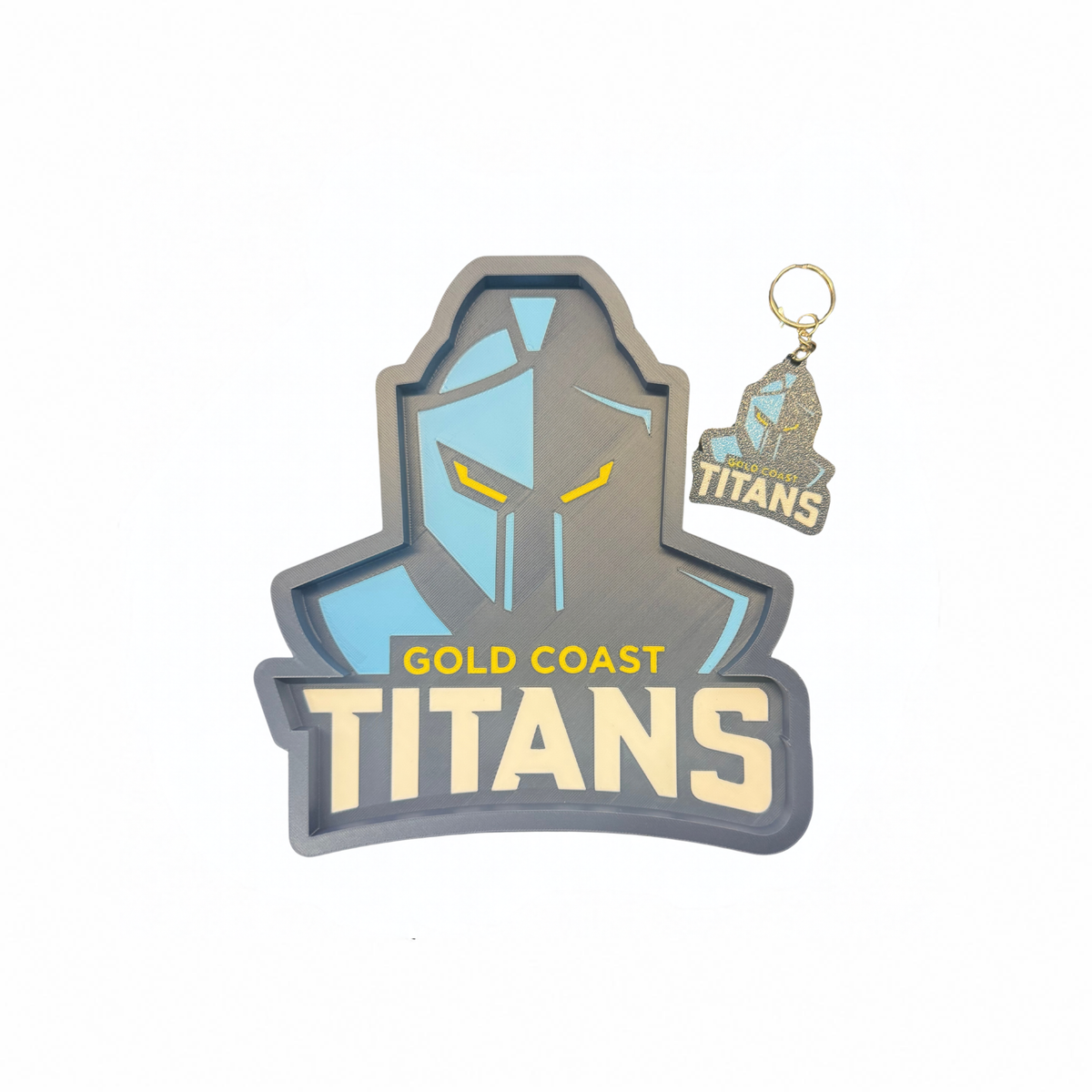 Gold Coast Titans trinket tray with matching keyring in blue, grey and gold
