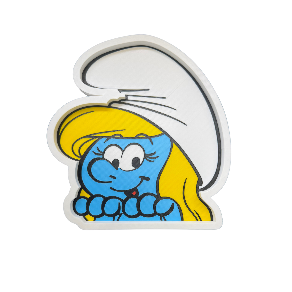 Retro Smurfette trinket tray in blue, yellow and white on a white background