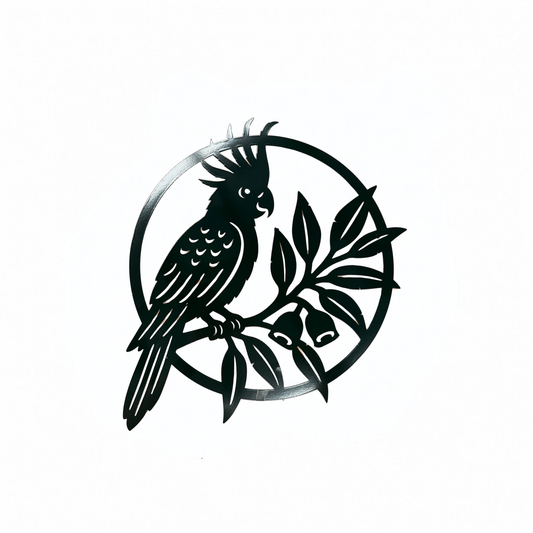 Cockatoo metal wall art, a black laser-cut silhouette of a cockatoo on a eucalypt branch within a circular frame, on a white background