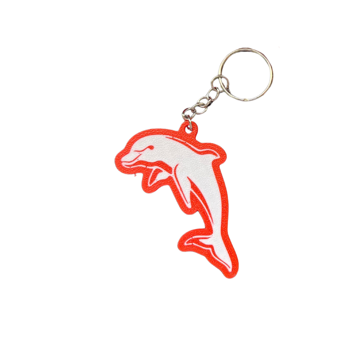 Dolphins-inspired red and cream dolphin keyring with a metal key ring on a white background