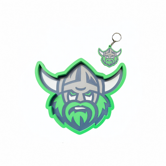 NRL Canberra Raiders trinket tray and keyring set on a white background