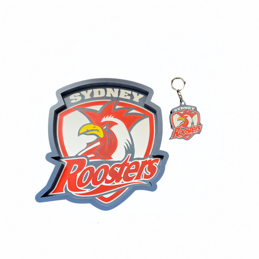 NRL Sydney Roosters trinket tray and keyring set on a white background