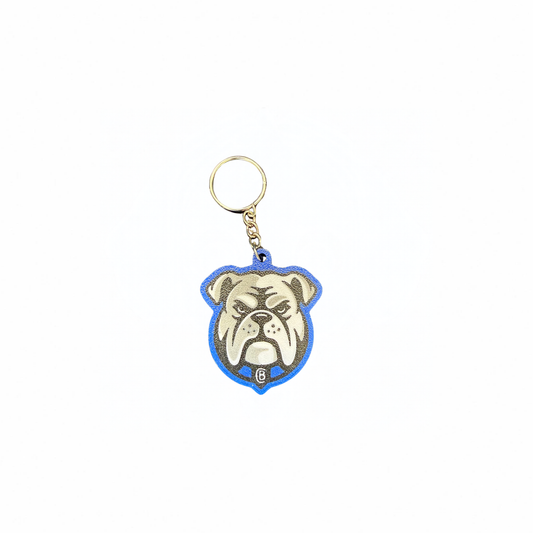Blue-edged bulldog keyring with metal ring on a white background