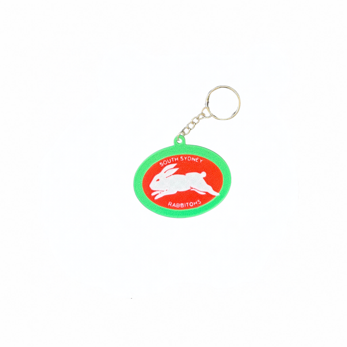 NRL South Sydney Rabbitohs keyring with red and green rabbit design on a white background
