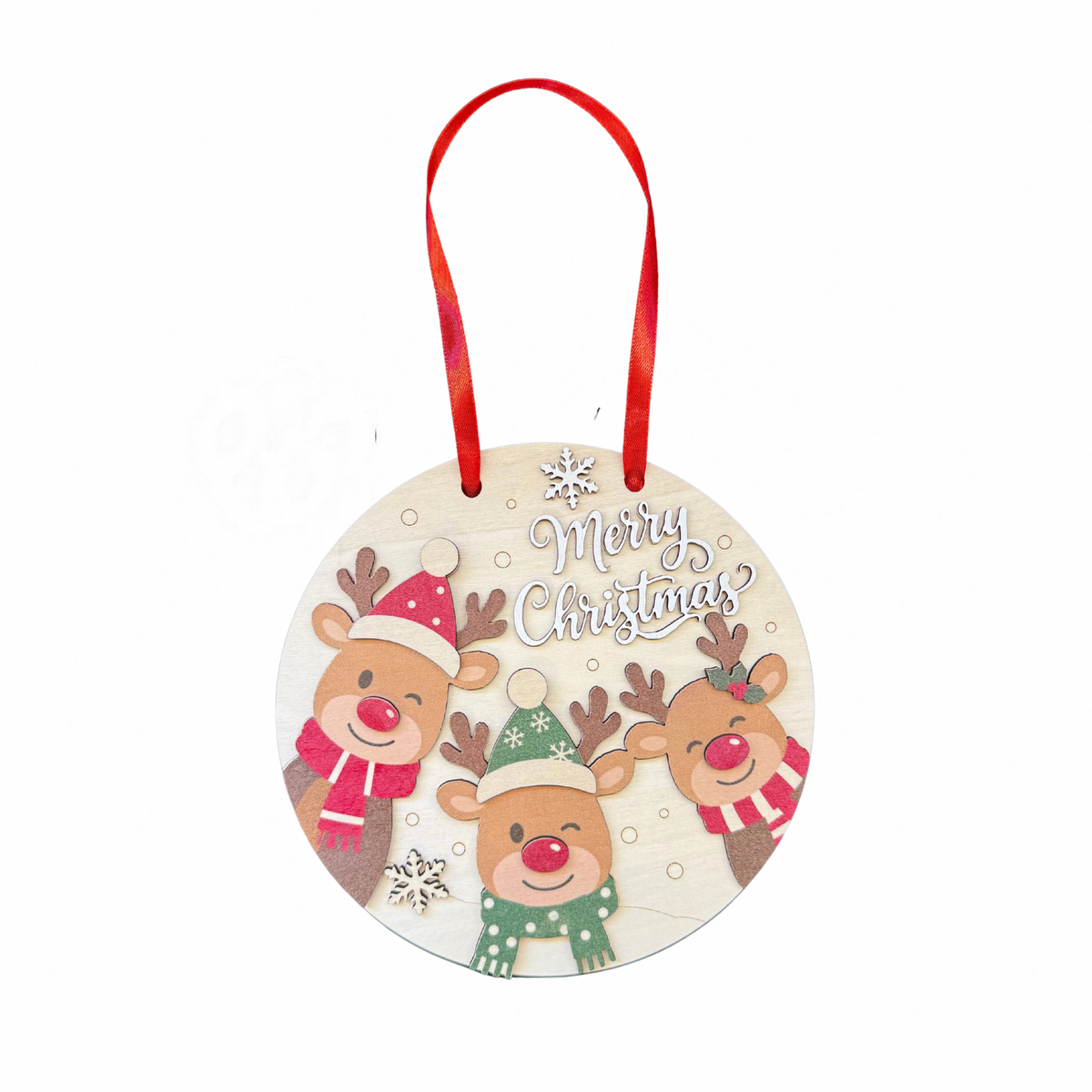 Round wooden Merry Christmas door hanger with three reindeer, snowflakes and a red ribbon on a white background