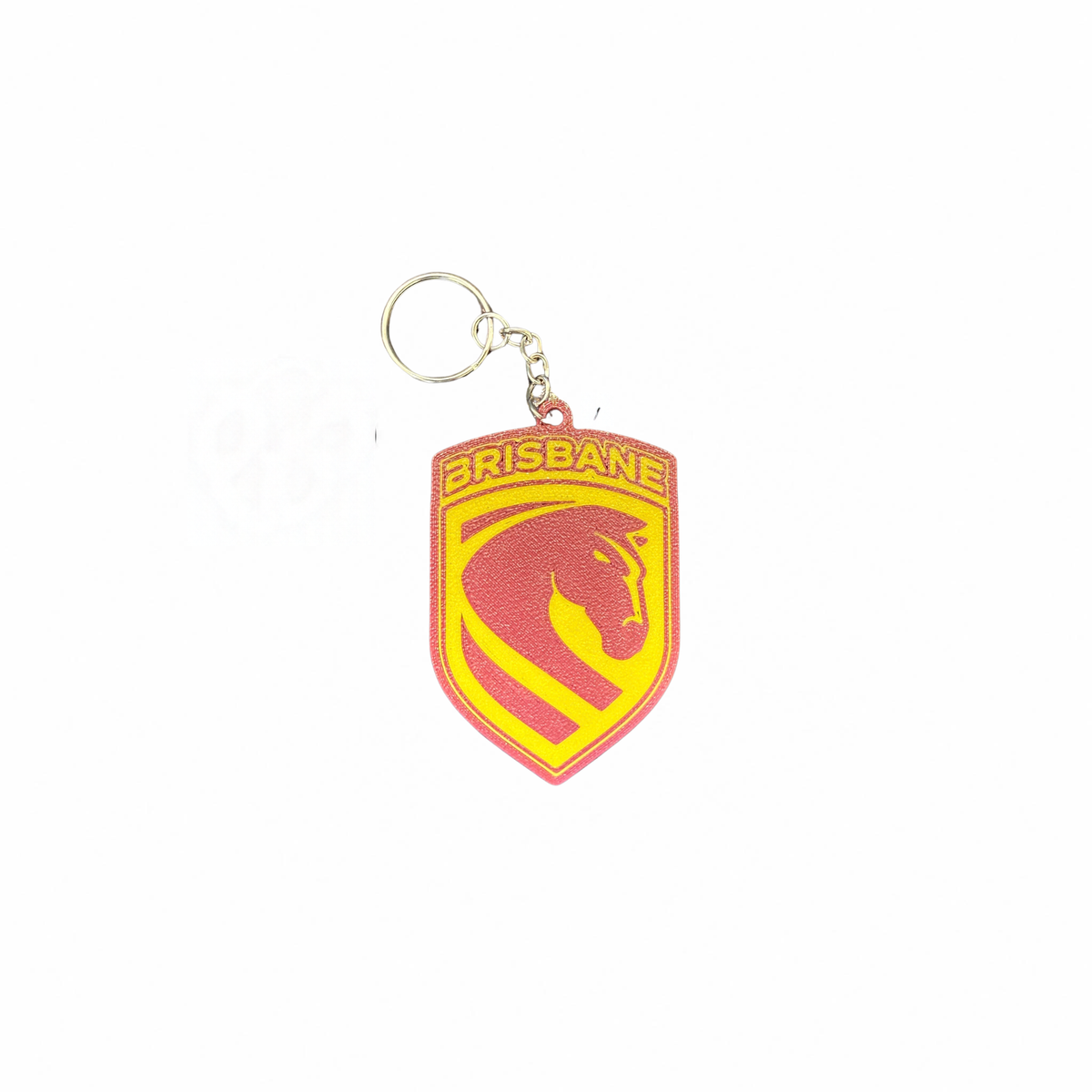 Brisbane Broncos maroon and yellow shield-shaped keyring with a metal ring on a white background