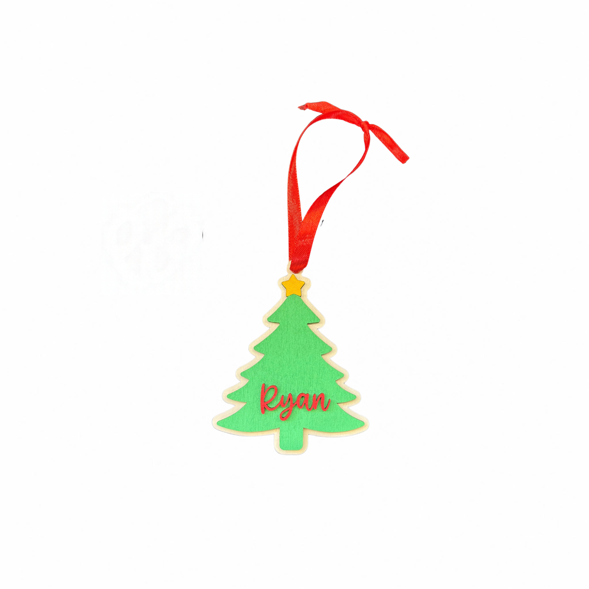Personalised wooden green Christmas tree ornament with the example name Ryan and red hanging ribbon