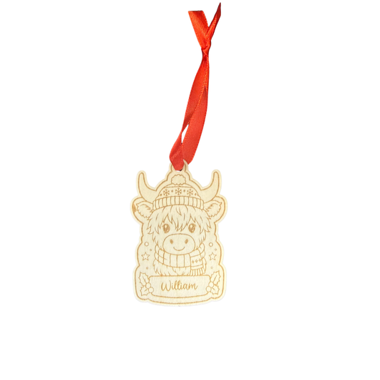 Highland Cow Personalised Wooden Christmas Ornament