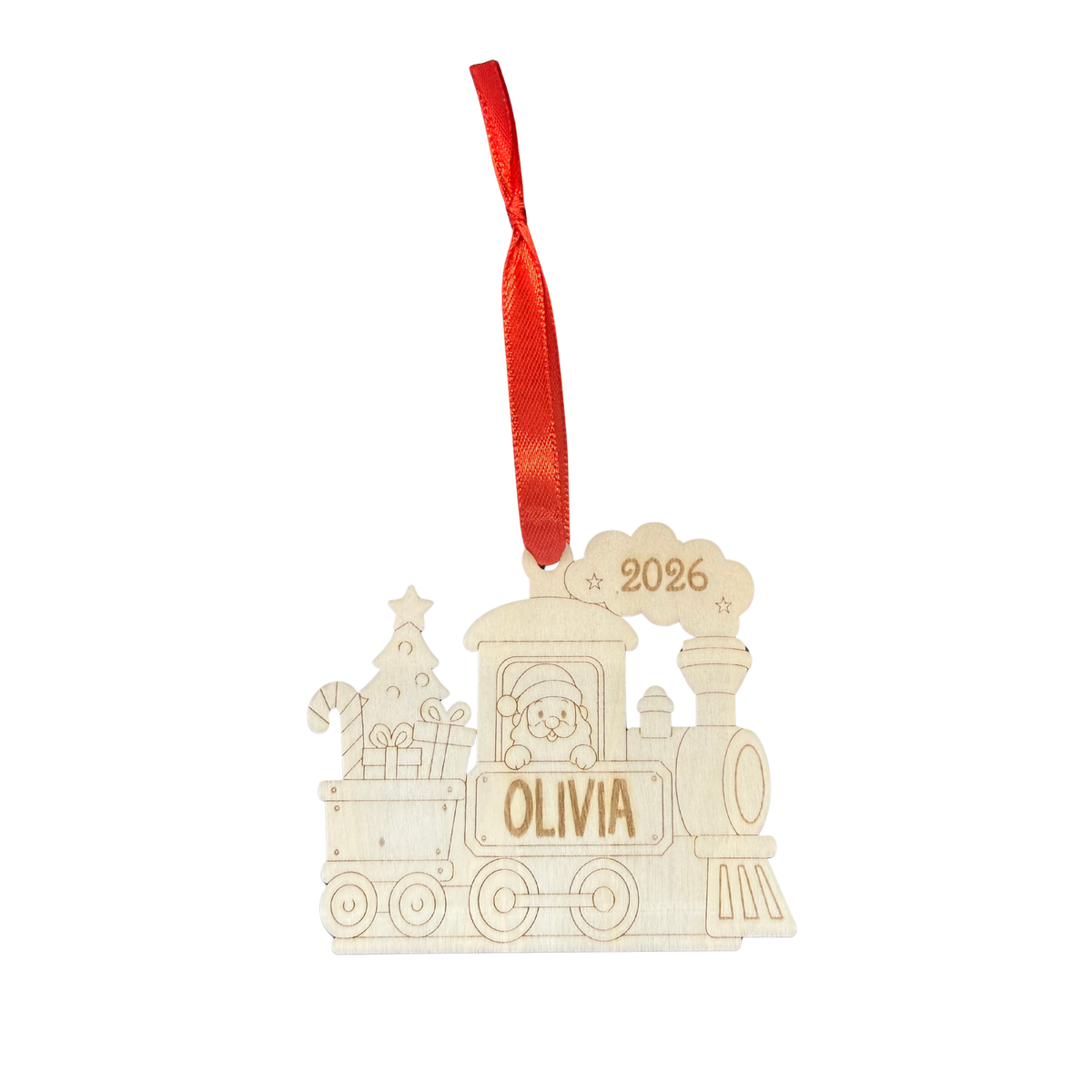 2026 personalised wooden Christmas train ornament with Olivia engraved and red hanging ribbon