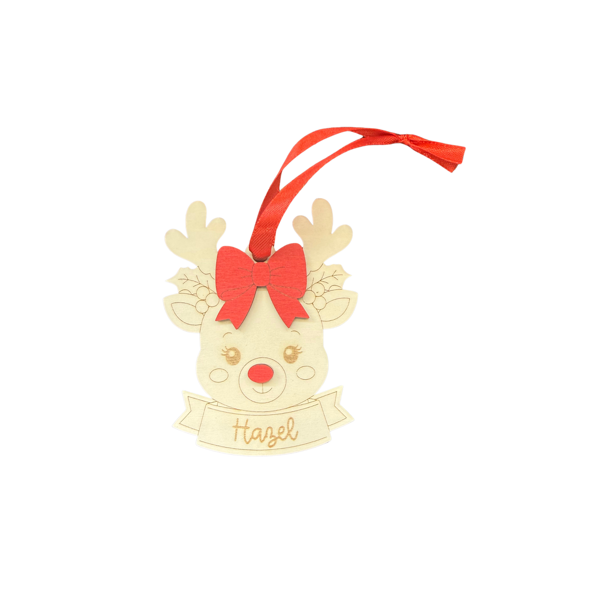 Personalised wooden reindeer ornament with Hazel engraved, red bow, red nose and red hanging ribbon