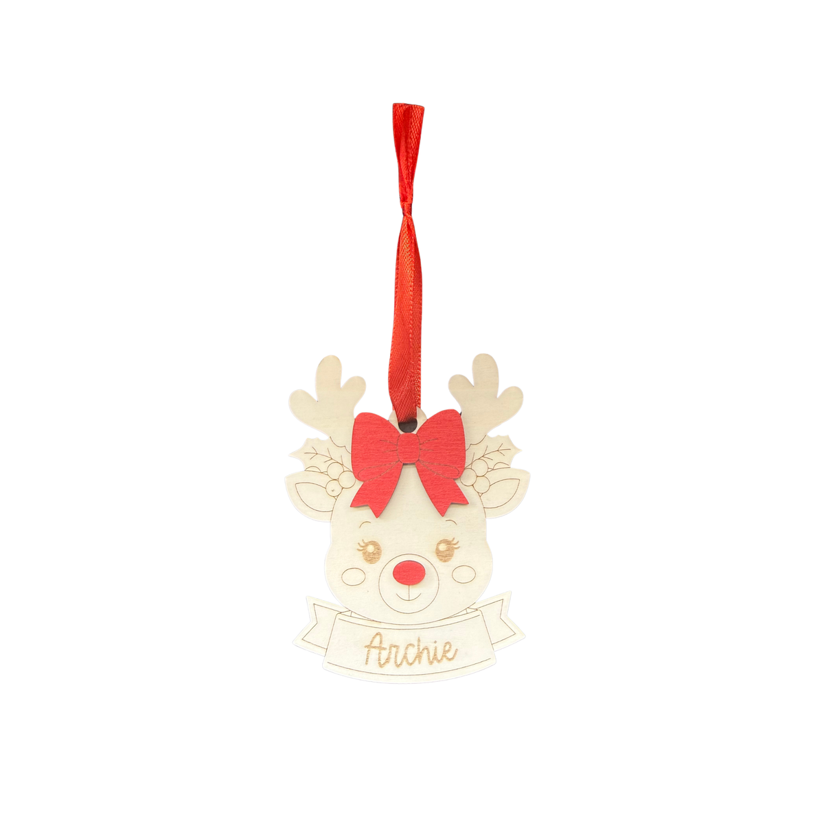 Personalised wooden reindeer ornament with Archie engraved, red bow, red nose and red hanging ribbon