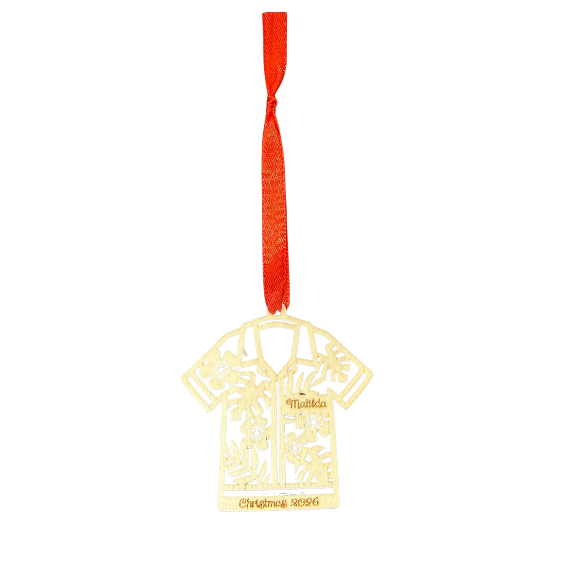 Personalised wooden Hawaiian shirt Christmas ornament with Matilda engraved and red ribbon