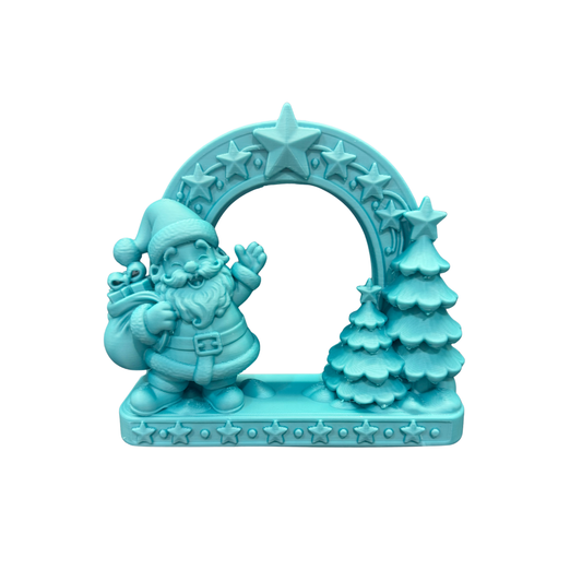 Turquoise Santa Claus Christmas arch decoration with stars and Christmas trees