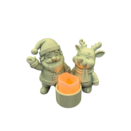 Matte sage green Santa and Rudolph Christmas Tealight Holder with illuminated LED tealight