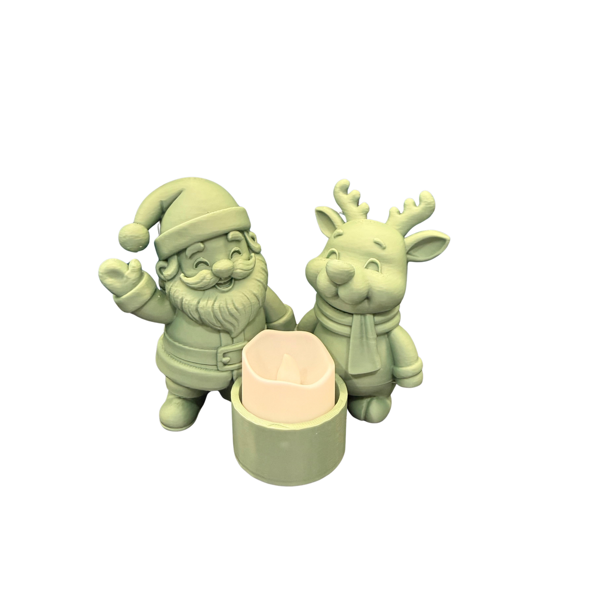 Matte sage green Santa and Rudolph Christmas Tealight Holder with LED tealight switched off