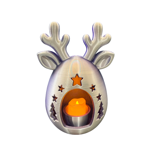 Reindeer Christmas LED Tealight Holder in Celestial Violet, silver-toned front with illuminated LED tealight