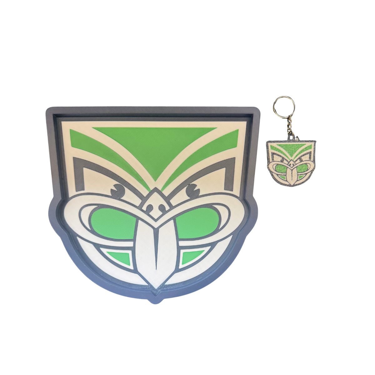 New Zealand Warriors-inspired trinket tray and matching keyring set in green, white and dark edging