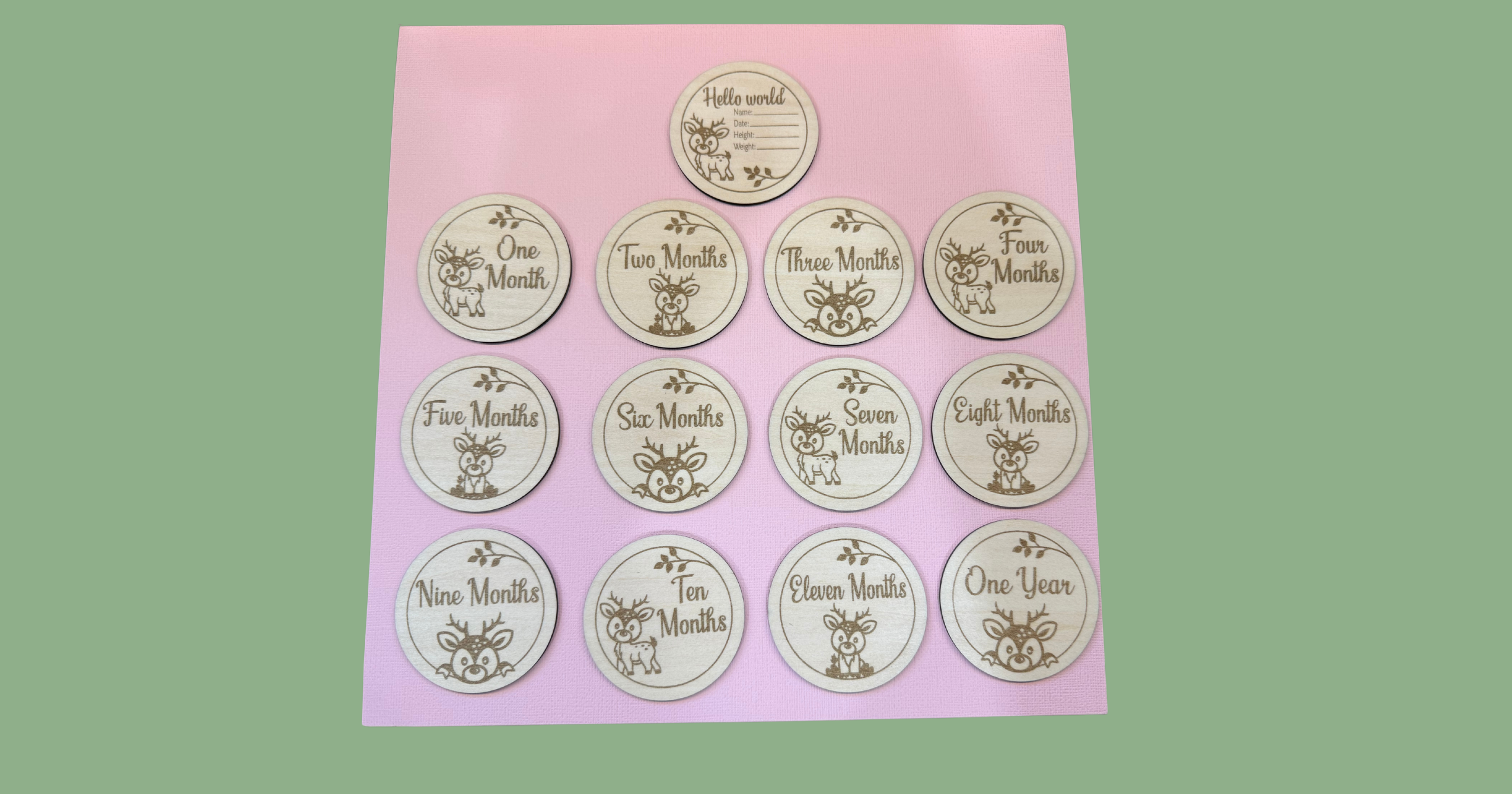 Wooden baby milestone marker discs with deer illustrations, Hello World through one year