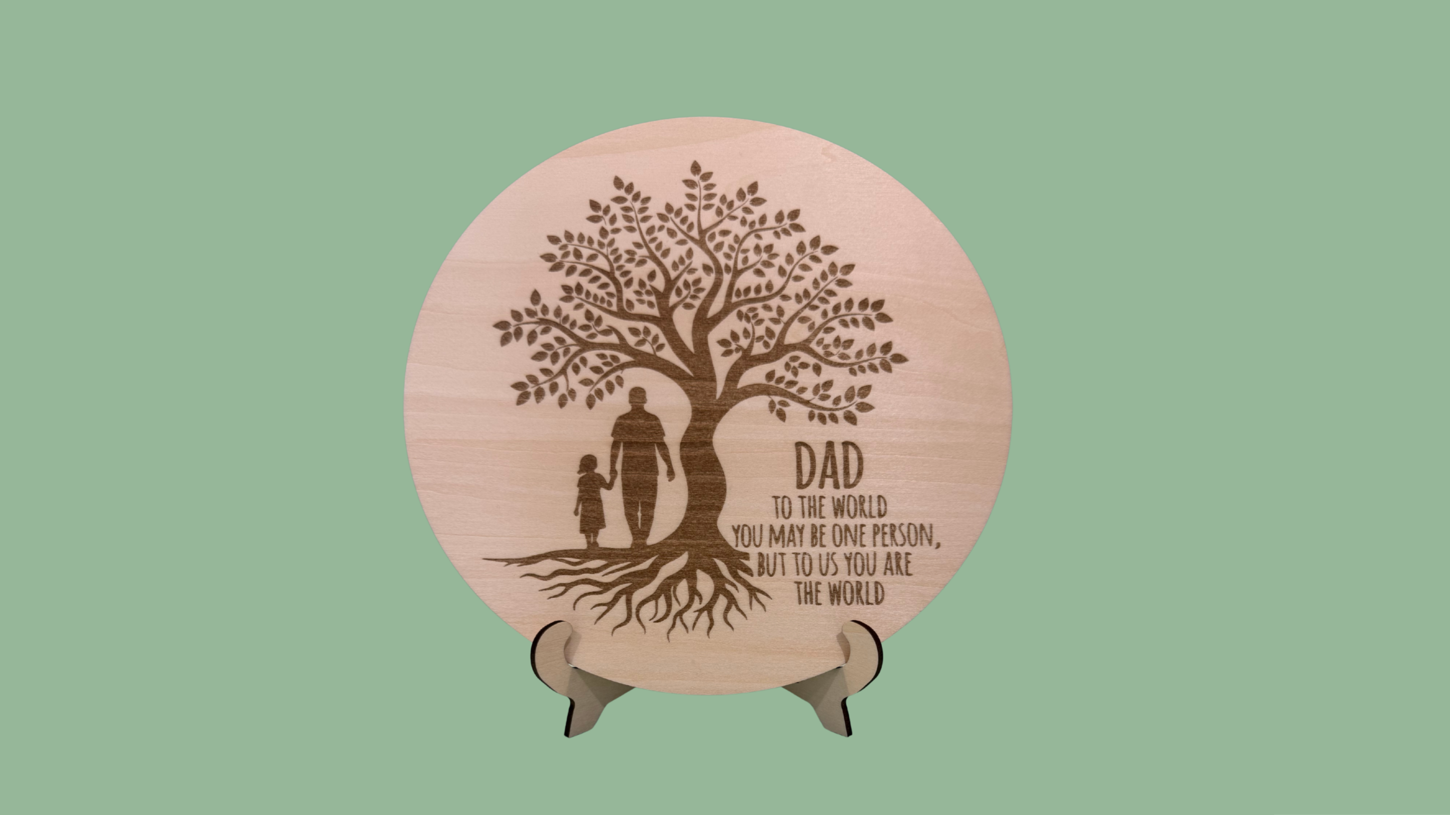 Engraved wooden Father's Day plaque with tree of life design on a stand