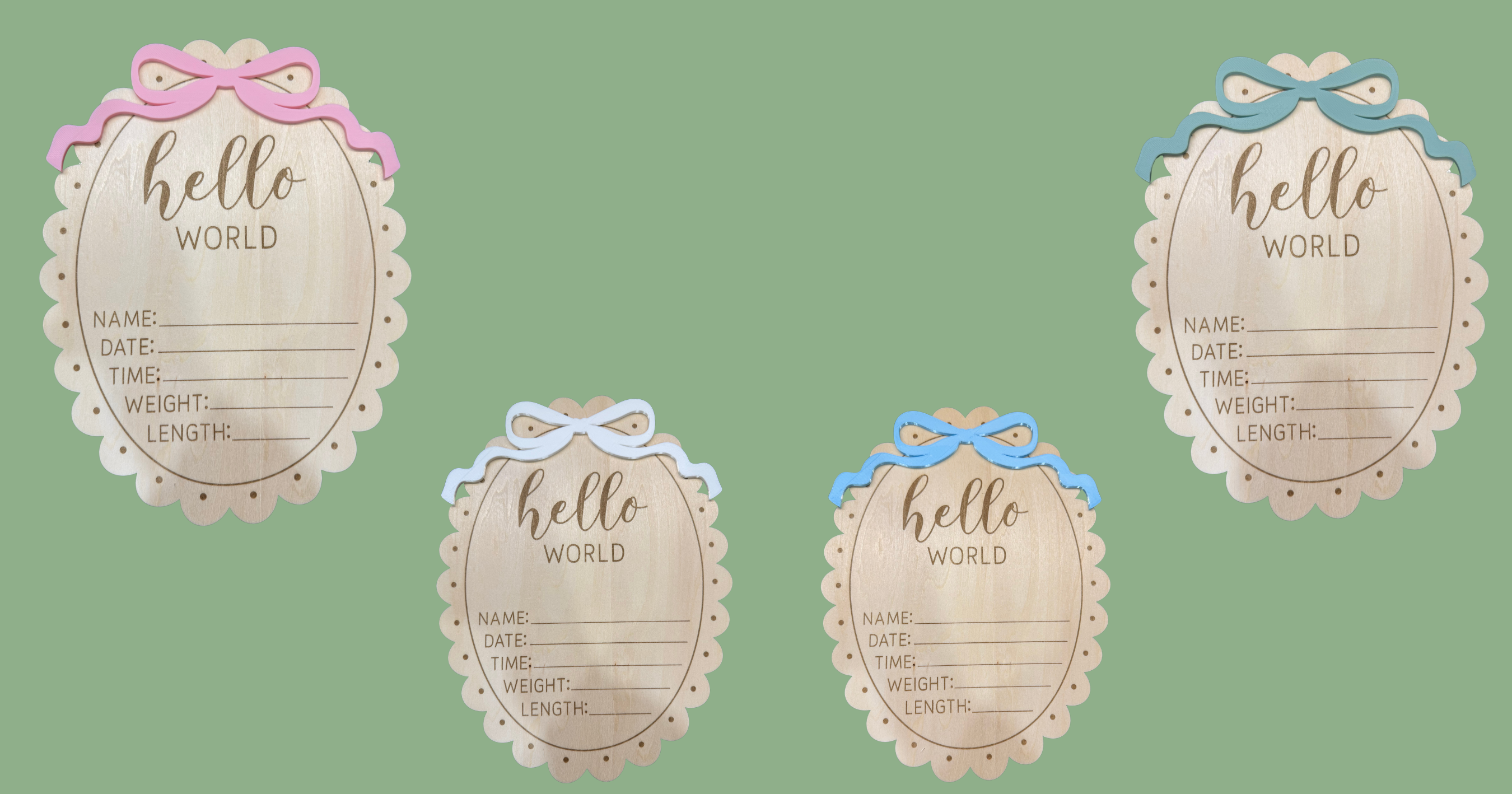Wooden Hello World birth announcement boards with scalloped edges and bows in pink, blue and grey