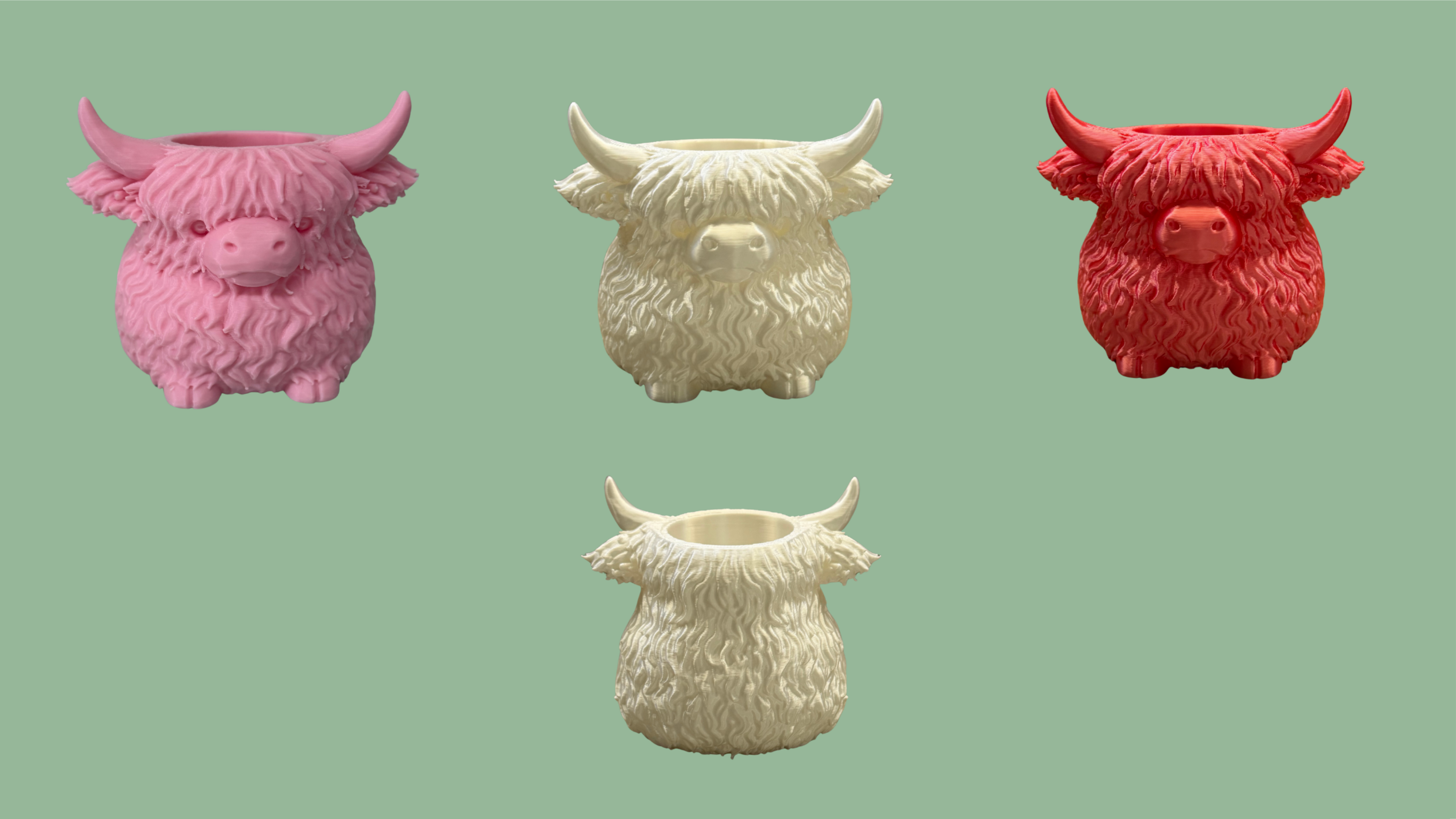 Highland Cow Holder in pink, cream and red showing front and side views