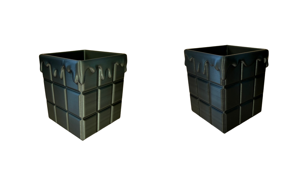 Chocolate block style 3D printed desk organiser shown from two angles, on white background