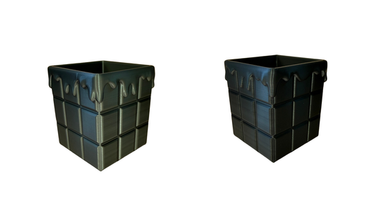 Chocolate block style 3D printed desk organiser shown from two angles, on white background