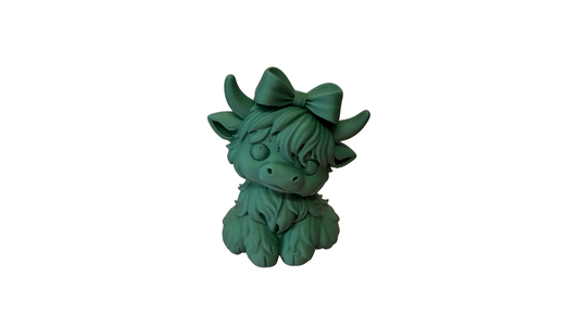 Green 3D printed highland cow figurine with bow, on white background