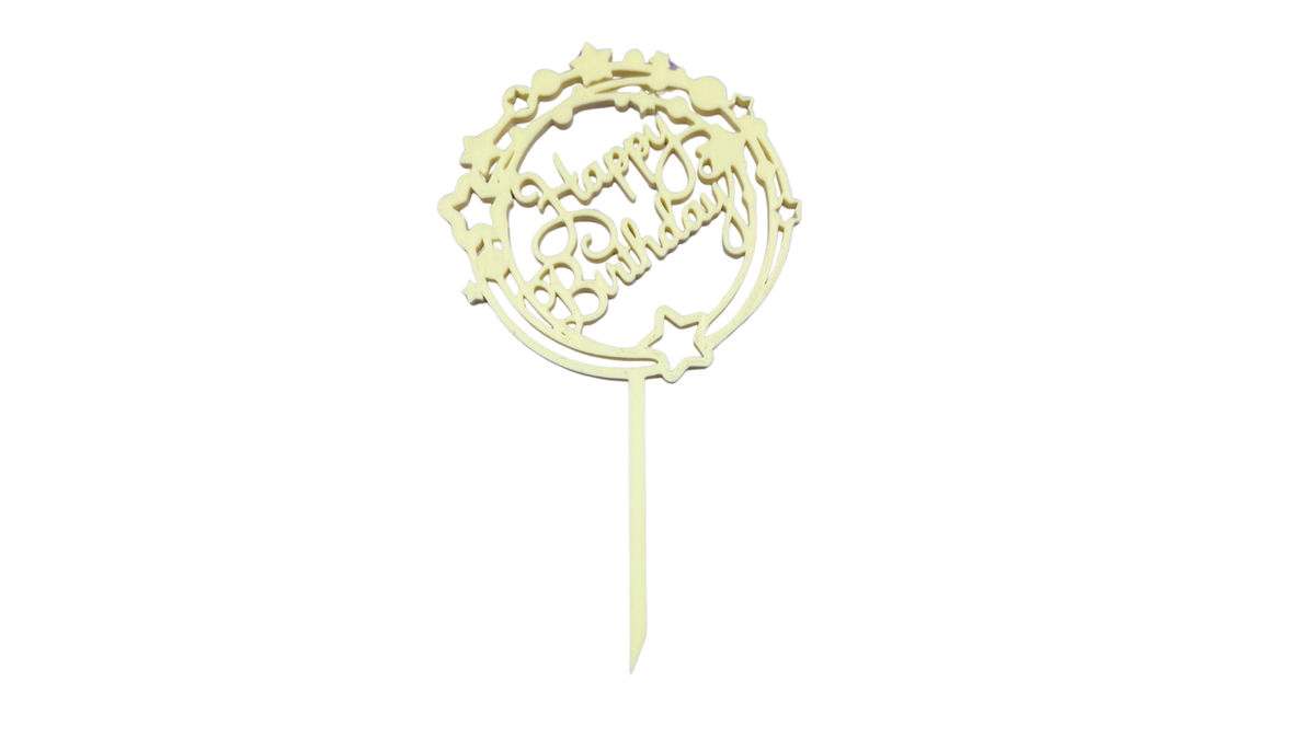 Happy Birthday Round with Stars Cake Topper - Matte Pastel Yellow