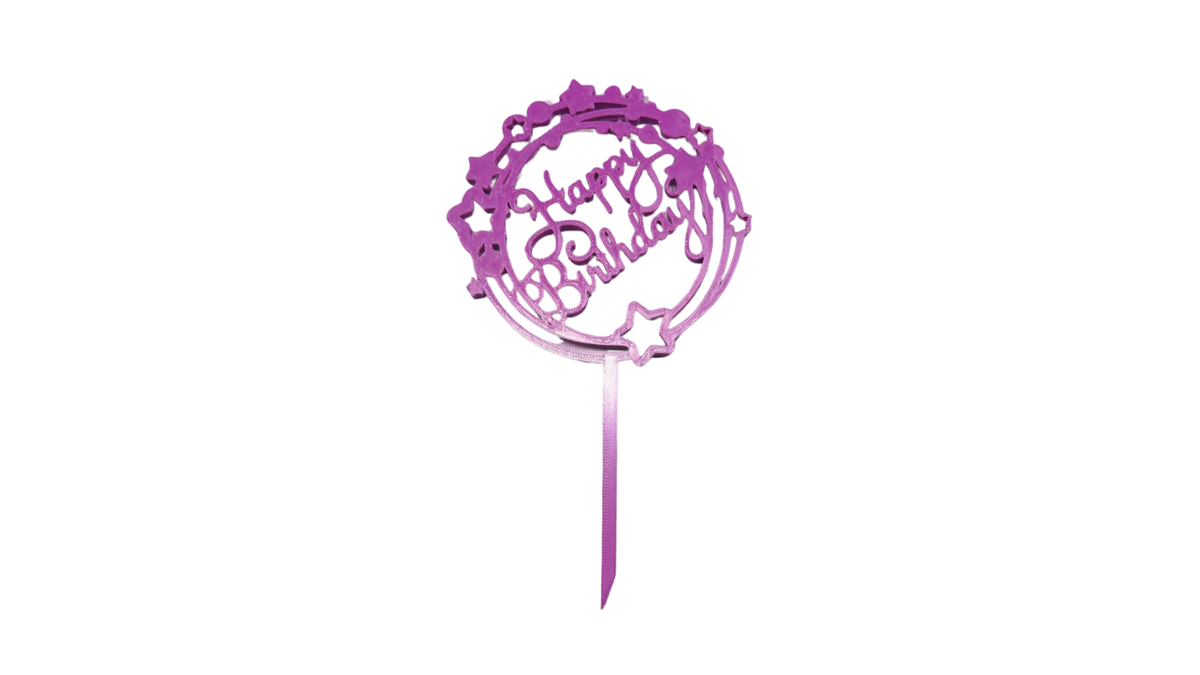 Happy Birthday Round with Stars Cake Topper - Matte Hot Pink