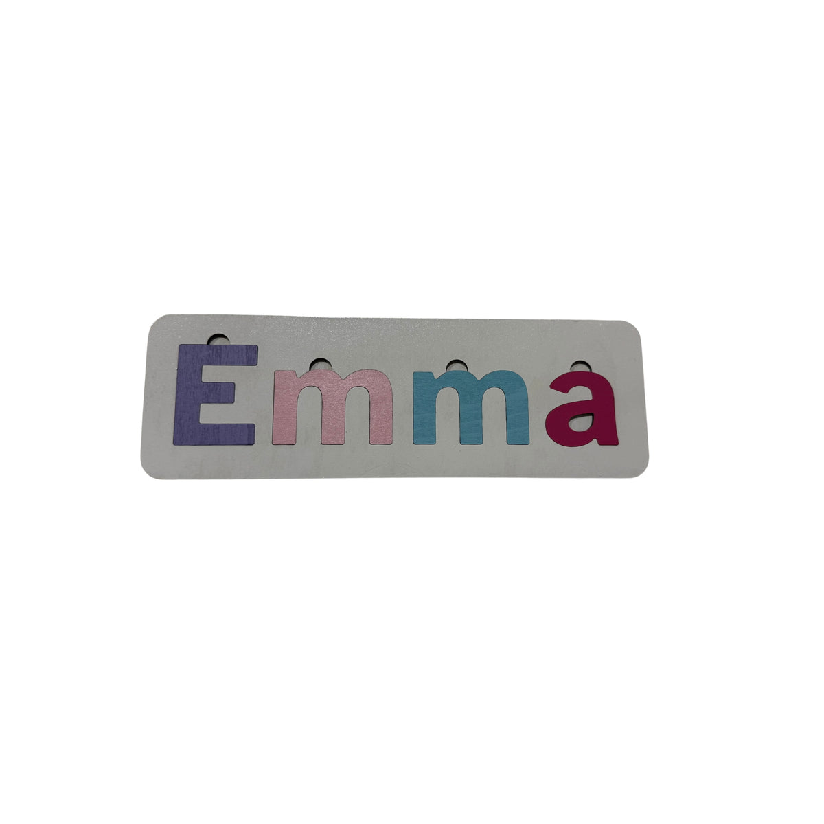 Personalised name puzzle with colourful letters on a white base
