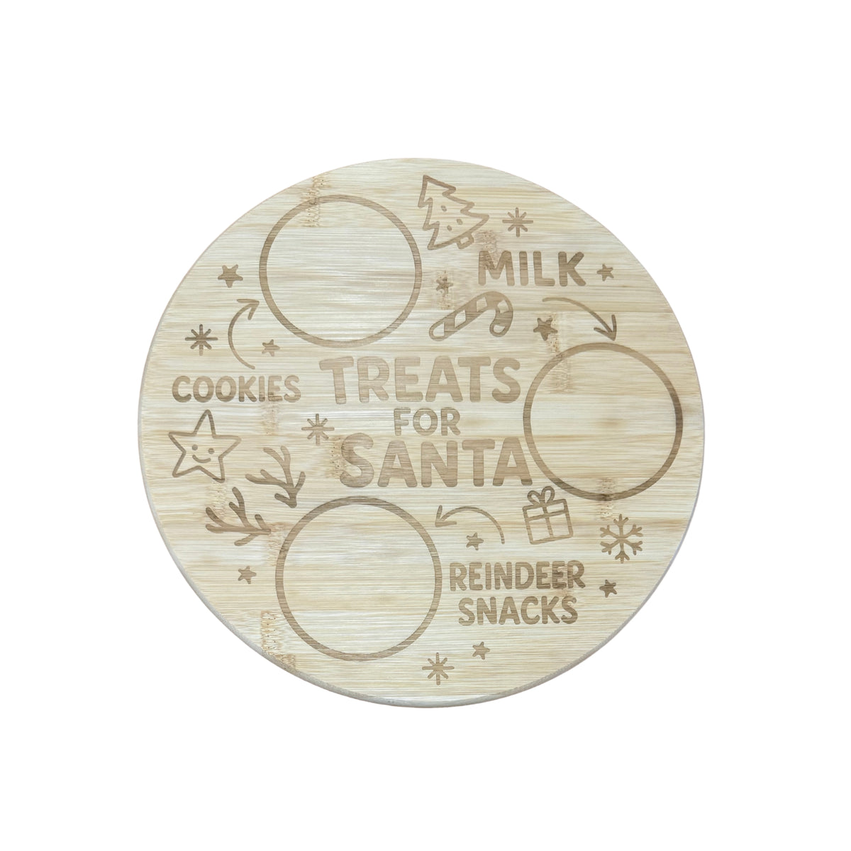 Engraved bamboo Treats for Santa board with spaces for milk, cookies and reindeer snacks